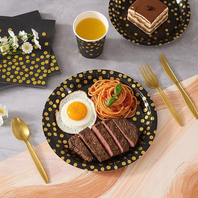 Fijinhom Black and Gold Dot Paper Plates Set, 175 PCS Party Supplies, Disposable Dinnerware Set for 25 Guests, Gold Dot Paper Plates Napkins Cups Gold Plastic Forks Knives Spoons for Wedding Festival