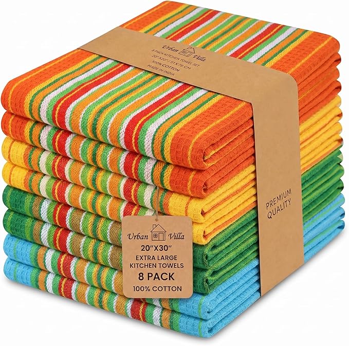 Urban Villa Kitchen Towels 100% Cotton Dish Towels for Kitchen(Set of 8)20”x30” Dish Cloths Highly Absorbent Kitchen Linen Set with Hanging Loop Perfect for Drying Dishes Cleaning Towels -Multi Color