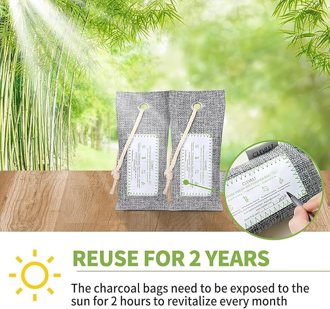 CLEVAST Activated Bamboo Charcoal Odor Absorber - 6 x 60g Air Purifying Bags Natural Fresh, Deodorizer and Moisture Eliminator for Home, Closet, Shoes, Car Air freshener, Grey