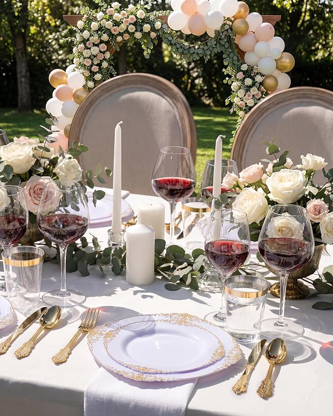 Nervure 350PCS Gold Plastic Plates - Gold Plastic Dinnerware Sets for 50 Guests - 100 Disposable Plates, 150 Silverware, 50 Cups, 50 Napkins for Wedding & Party