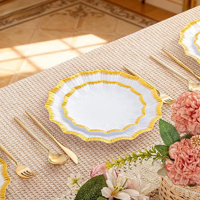 DaYammi 60Pcs White Plastic Plates with Gold Rim,Gold Disposable Plates - Heavy duty Plastic Plates Include 30 Dessert Plate,30 Dinner Plate,White gold Scalloped plates for Party Wedding