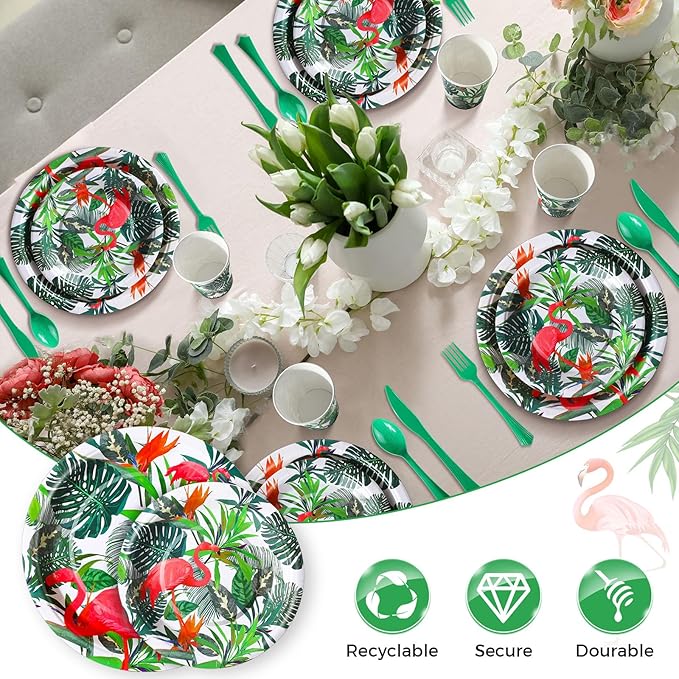 FillTouch 350 Pcs Flamingo Party Supplies Serve 50 Guests Hawaiian Luau Flamingo Birthday Decorations Include Plates Napkins Cups Knives Forks Spoons Disposable Dinnerware Set for Summer Birthday