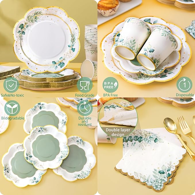 Sage Green Party Decorations, Sage Green Paper Plates and Napkins Party Supplies, Bridal Shower Plates for Birthday Baby Shower Bridal Shower Wedding Shower Baptism Garden, Serves 24