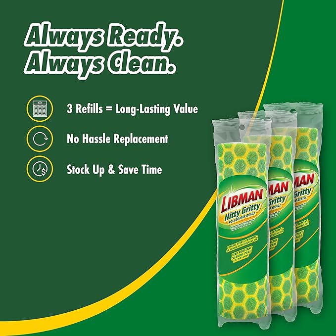 Libman Nitty Gritty Roller Mop Refills | Scrub Mop | Wet Mop | Mops for Floor Cleaning | Sponge Mop | Self Wringing Wood Floor Mop | | 3 Replacement Mop Heads Included