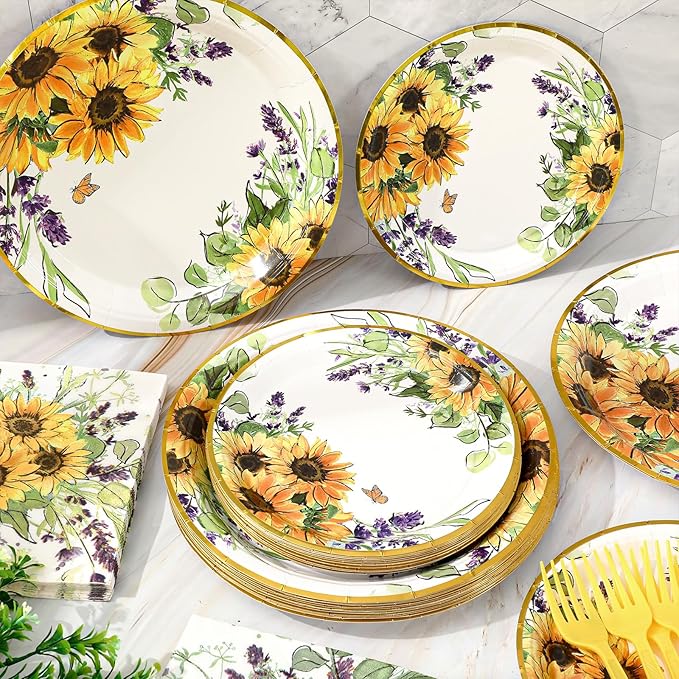 Sunflower Party Supplies Kit Serves 24 Watercolor Floral Paper Plates Napkins Disposable Plastic Forks for Summer Baby Shower Birthday, 7 inch, 9 inch