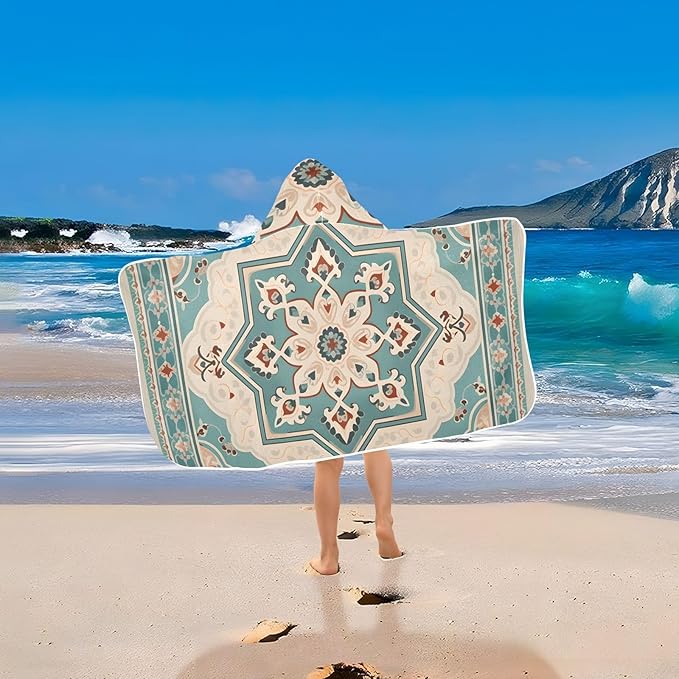 Hooded Towel for Kids Retro Blue Ethnic Floral Beach Wrap Bath Towels 50x23.5in