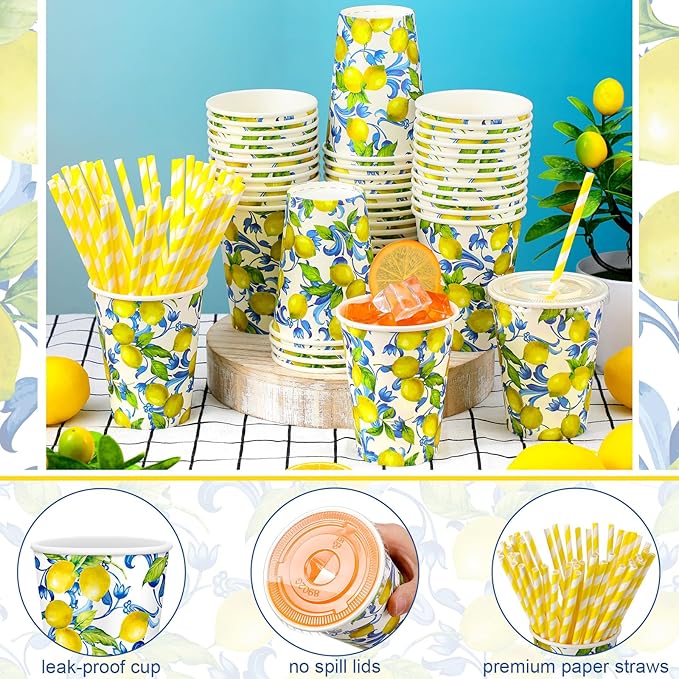 Tessco 150 Pcs 50 Sets Capri Lemon Paper Cups with Lids and Straws - 12 oz Blue Tiles Italian Lemon Cold Cups for Amalfi Coast Party, Bridal Shower, Wedding Supplies