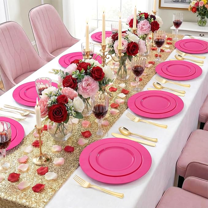 FLOWERCAT 60PCS Hot Pink Disposable Party Plates Set – 30 pcs 10.25″ Dinner Plates & 30 pcs 7.5″ Dessert Plates for Spring Parties, Valentine’s Day, Wedding – Sturdy & Stylish Tableware