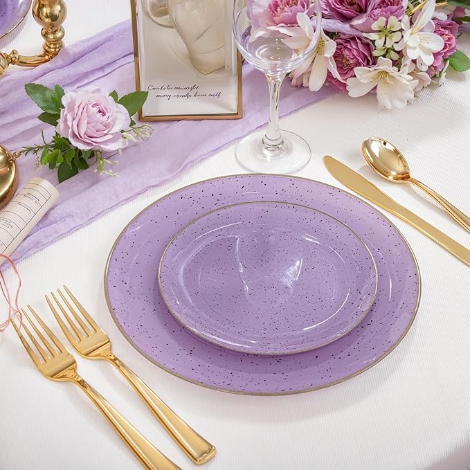 Liacere 32PCS Purple Plastic Plates - Purple Stone Plastic Disposable Tableware Plates Modern Dinnerware Set - Wedding & Warm Winter & Party & Easter Day