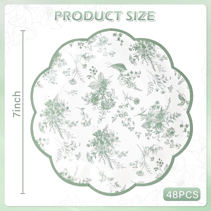 48 Pcs Sage Green Floral Party Plates 7" Vintage Floral Leaf Disposable Paper Plates Wildflower Green Toile Small Scalloped Dessert Plates for Spring Easter Birthday Bridal Tea Party Supplies
