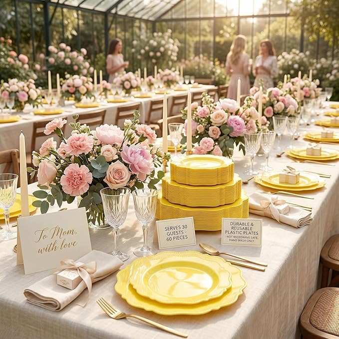 COLOSUS 60Pcs Lemon Yellow Plastic Plates, Mother's Plastic Plates.,Light Baby Yellow Party Plates, Heavy Duty 30 Dinner plate 10.5" and 30 Salad/Dessert Plate 8.25" for Wedding,Party
