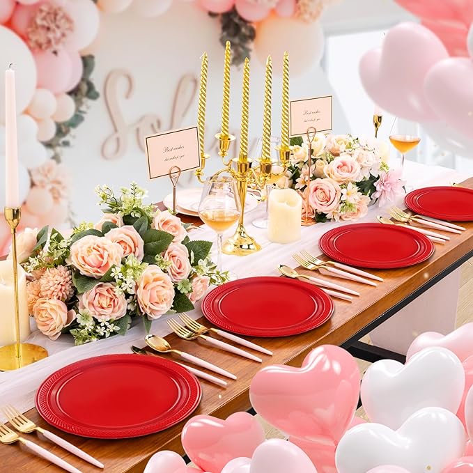 50 PCS Red Plastic Plates, 7 Inch Disposable Dessert Plates Cake Plates for Wedding Birthday Christmas Party Supplies (Red, 7 Inch)