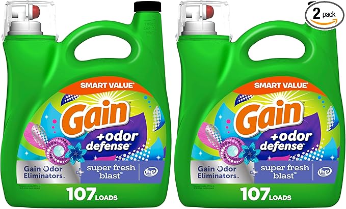 Gain + Odor Defense Liquid Laundry Detergent, Super Fresh Blast Scent, 107 Loads, HE Compatible Washing Soap (Packaging May Vary) (Pack of 2)