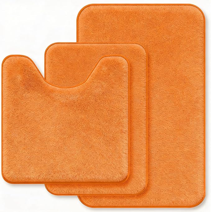 Orange Memory Foam Bath Mat Set Extra Soft Bathroom Rugs 3 Piece Non Slip Absorbent & Dry Living Mat Sets Washable Bath Carpets with Toilet Rug,Bath Rugs for Bathroom,Tub,Shower,Kitchen,Bedroom