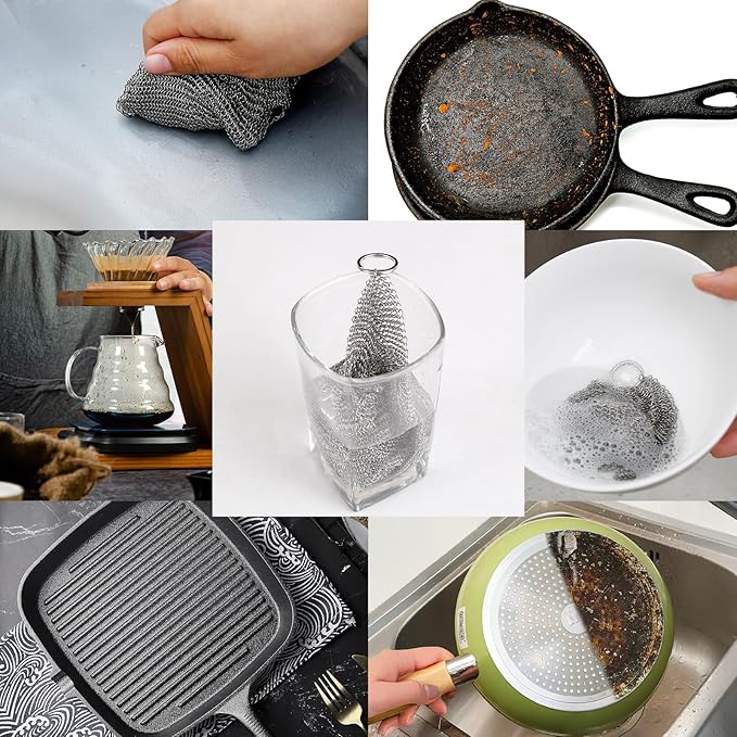 316L Stainless Steel Cast Iron Cleaner, Chainmail Scrubber,Kitchen Tool,Chain Mail Scrubber Cast Iron,for Hard Anodized Cookware, Pre-Seasoned Pans etc (10CM*10CM)