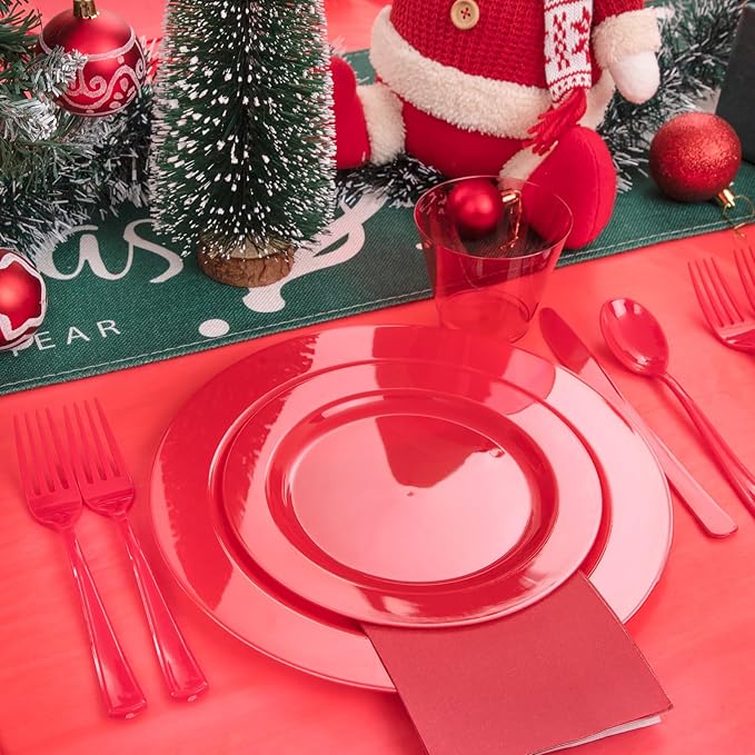 Gather 176 Pieces Red Plastic Plates- Red Heavy Duty Disposable Plates Dinnerware 50Plates, 75 Plastic Silverware, 25 Napkins, 25 Cups Bonus 1 Red Plastic Tablecloth for Party& Wedding &Mother's Day