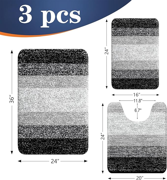 OLANLY Bathroom Rugs Sets 3 Piece, Soft Absorbent Microfiber Bath Mats and U-Shaped Contour Toilet Rug, Plush Shaggy Bath Mat Set for Bathroom (36"x24"+24"x16"+24"x20", Black)