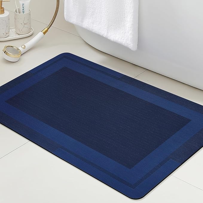 ACCUMTEK Non Slip Bath Mat, Thin Bathroom Rugs Fit Under Door, Quick Dry Bath Mats, Machine Washable Bath Rugs for Bathroom, Bathtub & Kitchen, Bathtub, Dark Blue/Bordered/24 x17