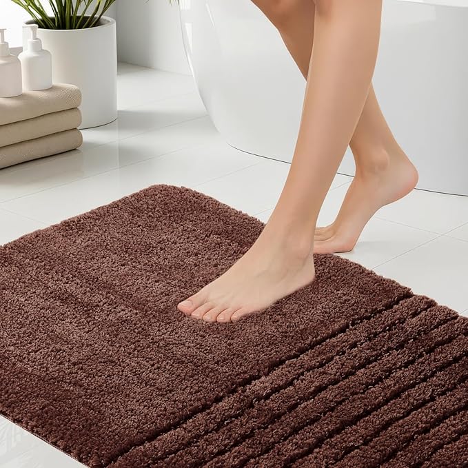 Bath Rugs Set 3 Pieces Bathroom Mat Soft Absorbent Plush Shaggy Soft Floor Non Slip Shower Bath Tub Machine Washable (Cocoa-Strip, 20"x32"/20"x20"/17"x24")