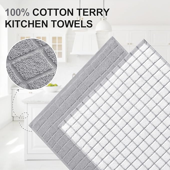 Homaxy Premium Cotton Kitchen Towels 16"x 28", Large Natural Ring Spun 390 GSM Dish Towels, Super Absorbent Terry Kitchen Hand Towels, Soft Tea Towels with Hanging Loop, Light Grey Design, 4 Pack
