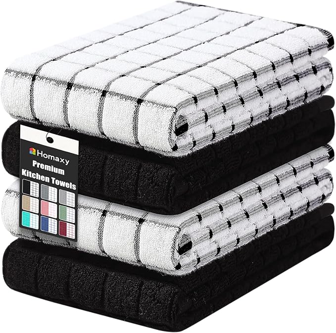 Homaxy Premium Cotton Kitchen Towels 16"x 28", Large Natural Ring Spun 390 GSM Dish Towels, Super Absorbent Terry Kitchen Hand Towels, Soft Tea Towels with Hanging Loop, Black Check Design, 4 Pack