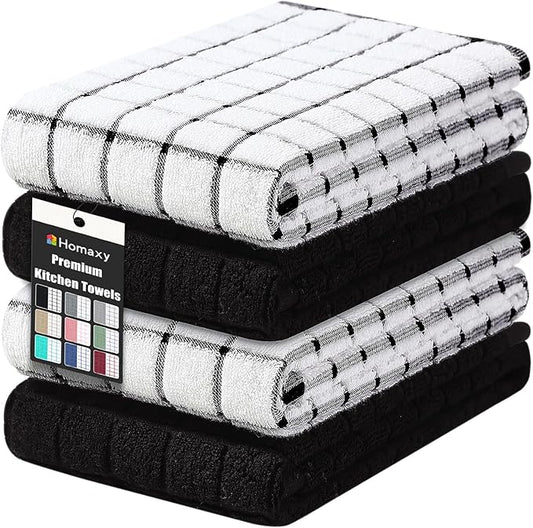 Homaxy Premium Cotton Kitchen Towels 16"x 28", Large Natural Ring Spun 390 GSM Dish Towels, Super Absorbent Terry Kitchen Hand Towels, Soft Tea Towels with Hanging Loop, Black Check Design, 4 Pack