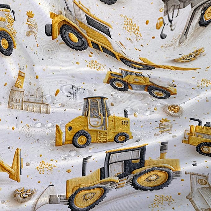 AILONEN Cartoon Construction Trucks Shower Curtain Set,Truck Cranes Tractors Bath Curtains,Boys Yellow Machinery Truck Waterproof Shower Curtain with Hooks,72" Wx72 H