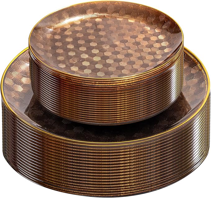 Festiva 60PCS Clear Brown Gold Plastic Plates - Heavy Duty Brown Disposable Plates With Gold Rim -serve for 30 guests Include Each 30PCS 10.25"&7.5" Honeycomb Design Plates for Party(Mocha Mousse)
