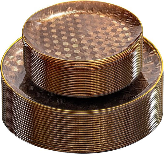 Festiva 60PCS Clear Brown Gold Plastic Plates - Heavy Duty Brown Disposable Plates With Gold Rim -serve for 30 guests Include Each 30PCS 10.25"&7.5" Honeycomb Design Plates for Party(Mocha Mousse)