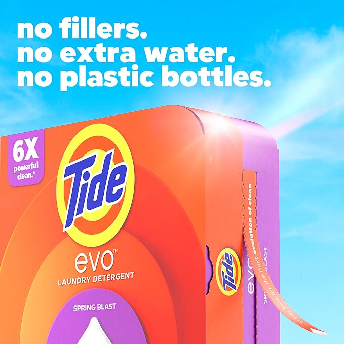 Tide evo Spring Blast Scent Laundry Detergent Fiber Tiles Works on 100% of Common Stains Safe for All Machines and Water Conditions Concentrated HE Compatible Clean and Instant Dissolve, 16 Count