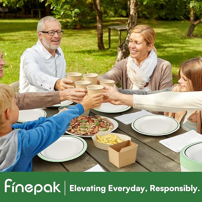 Disposable Plates 9 Inch, 100PCS Paper Plates Bulk with Green Rims, Heavy Duty Paper Plates for Graduation/Retirement Party, Picnic, BBQ, Microwave, Breakfast, Lunch & Dinner