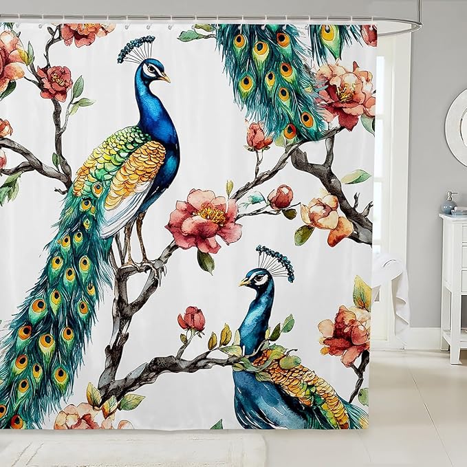 Peacock Shower Curtain Kids Animal Theme Bathroom Shower Curtain Set for Boys Teens Peacock Feathers Design Bath Curtain Waterproof Botanical Floral Blue Pink Green Kids Bathroom Accessories 72"x72"