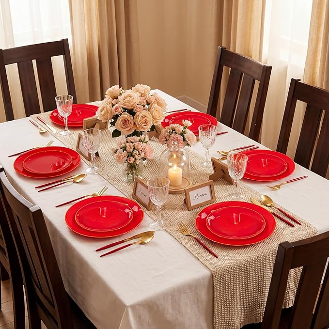 DaYammi 150Pcs Red Plastic Plates with Gold Rim,Fancy Disposable Dinnerware Set with Red Handle Gold Cutlery, Includes 30 Dinner Plate,30 Dessert Plate,30 Knives,30 Forks,30 Spoons for Party Wedding
