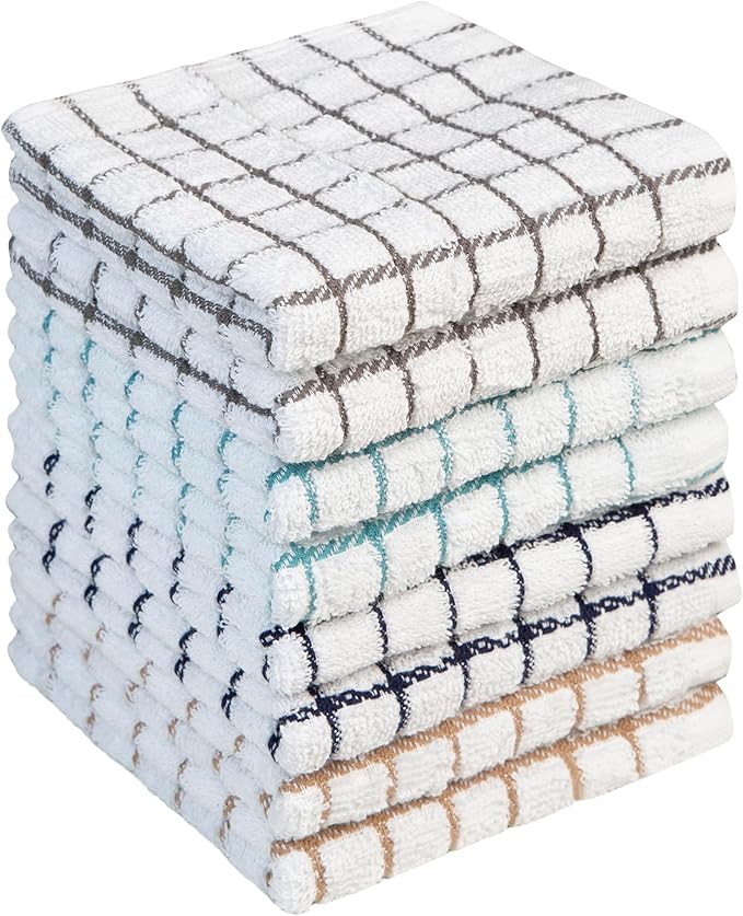 Bumble Dish Cloths (8 Pack) | 12” x 12” | 100% Cotton Kitchen Towels | 406 GSM | Soft, Highly Absorbent & Durable Dish Towels for Kitchen | Multicoloured Checked