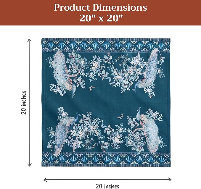 Maison d' Hermine Napkin 100% Combed Cotton Premium 20"x20" Decorative Washable Table Cloth Napkins Set of 4 for Dining, Holidays, Buffet & Wedding Use Campagne - Peacock Utopia - Deep Sea