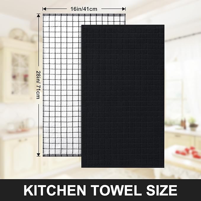 Homaxy Premium Cotton Kitchen Towels 16"x 28", Large Natural Ring Spun 390 GSM Dish Towels, Super Absorbent Terry Kitchen Hand Towels, Soft Tea Towels with Hanging Loop, Black Check Design, 8 Pack