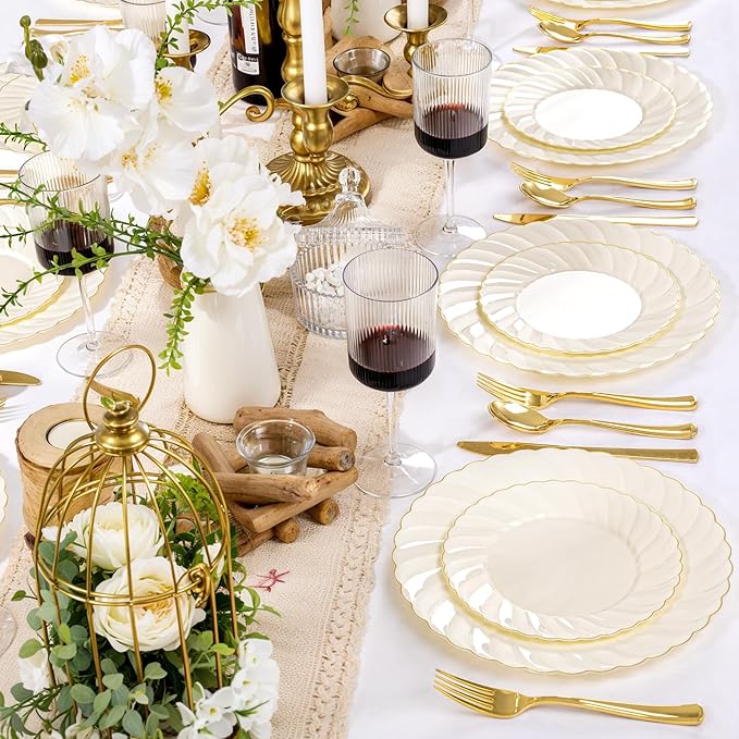 YOUBET 125PCS Scalloped Plastic Plates - Ivory Scalloped Disposable Plates - Gold Plastic Dinnerware Set Include 50 Plates, 75 Gold Silverware for Party & Wedding