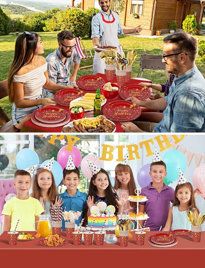 Nkaiso Birthday Plates Party Supplies Set, 161 PCS Burgundy Gold Disposable Party Tableware with Paper Plates Napkins Cups & Silverware, Elegant Birthday Party Plates for Adults, Serves 20