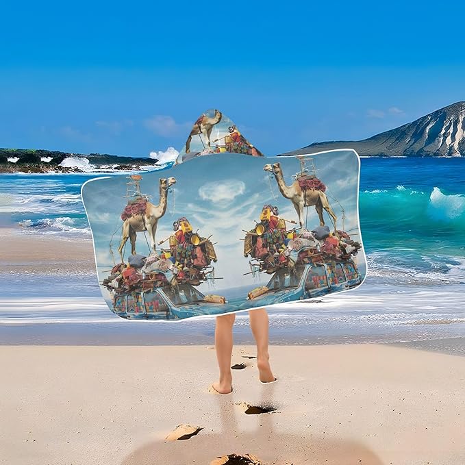 Hooded Towel for Kids Camel on Old Blue Car Beach Wrap Bath Towels 50x23.5in
