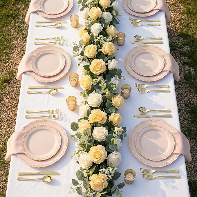 DaYammi 60 PCS Pink Gold Plastic Plates, Pink Disposable Plates with Gold Rim Include: 30 Dinner Plate, 30 Dessert Plate for Party, pink plastic plates with Vintage lace for Wedding