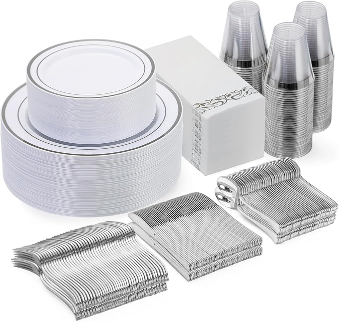 Goodluck 350 Pieces Silver Dinnerware Set for 50 Guests, disposable Plastic Plates for Party, Include: 50 Dinner Plates, 50 Dessert Plates, 50 Paper Napkins, 50 Cups, 50 Silverware set