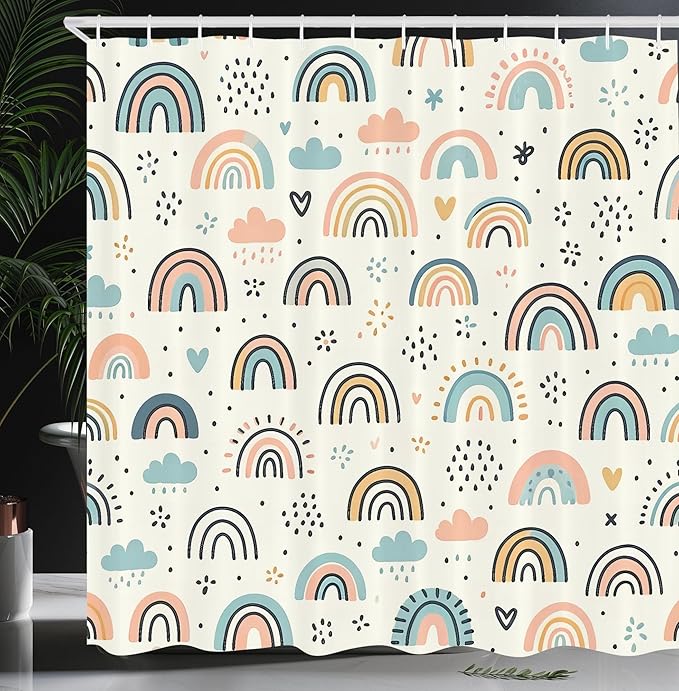 Ambesonne Rainbow Shower Curtain, Funny Scandi Art Cloud and Curving Lines Colorful Joy Happy Atmosphere, Cloth Fabric Bathroom Decor Set with Hooks, 69" W x 70" L, Ivory Blush Soft Blue