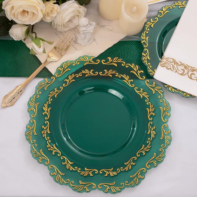 PULOTE 175PCS Clear Green Plastic Plates & Gold Plastic Silverware & Clear Green Cups & Gold Napkins Service 25 Guest for Party&Christmas