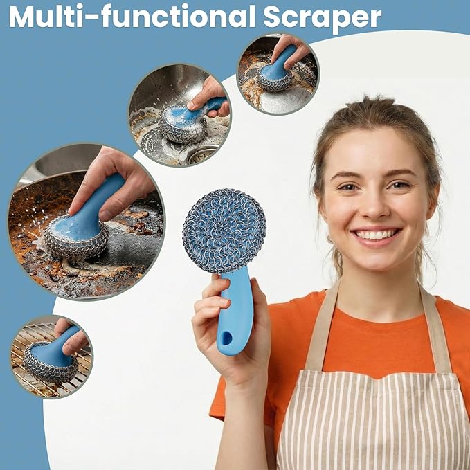 Cast Iron Scrubber with Long Handle | 316 Cast Iron Cleaner Chainmail Scrubber for Pan Skillet Cleaner - Dish Scouring Pad Dishwasher Safe Cleaning Kit (Blue, 1 Scrubber + 1 Scraper)