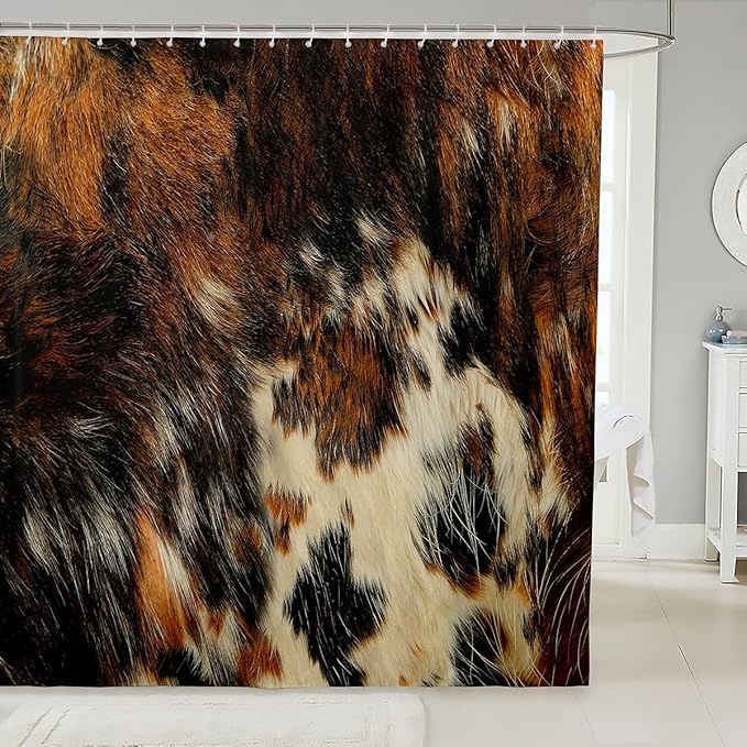 Cowhide Fabric Shower Curtain Black Brown Cow Shower Curtain Kids Boys Girls Women Bull Cattle Skin Decor Bathroom Waterproof Accessories with 12 Hooks Wildlife Fur Hair Farmhouse Animal,72x72 Inches