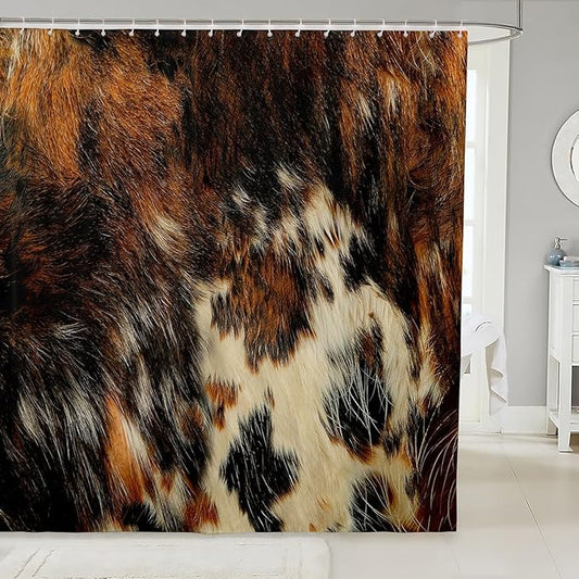 Cowhide Fabric Shower Curtain Black Brown Cow Shower Curtain Kids Boys Girls Women Bull Cattle Skin Decor Bathroom Waterproof Accessories with 12 Hooks Wildlife Fur Hair Farmhouse Animal,72x72 Inches