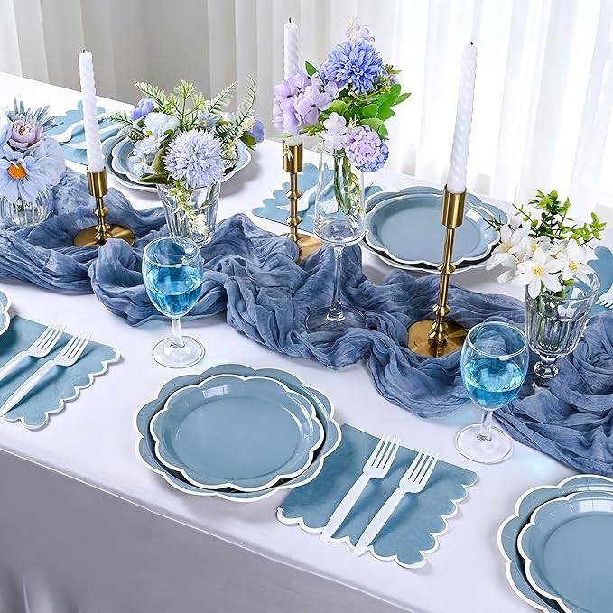 96 Pcs Dusty Blue and White Paper Plates and Napkins Set, Tableware set for 24 Guest include Baby Blue Dinner Plates with White Scalloped Edge, Napkins and Forks for Baby Boy Shower, Wedding, Birthday