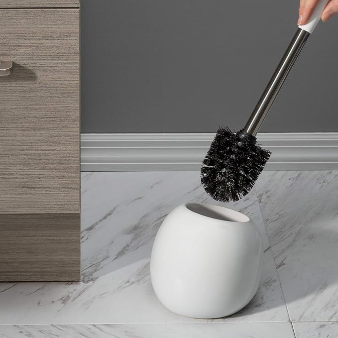 Bath Bliss Ceramic Dome Brush & Holder Set, Decorative, Modern, Freestanding, Heavy Duty Cleaning Toilet-Brushes, (Pack of 1), White