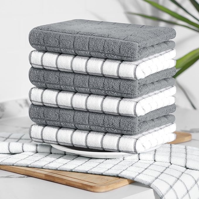 Homaxy Premium Cotton Kitchen Towels 16"x 28", Large Natural Ring Spun 390 GSM Dish Towels, Super Absorbent Terry Kitchen Hand Towels, Soft Tea Towels with Hanging Loop, Grey Check Design, 4 Pack