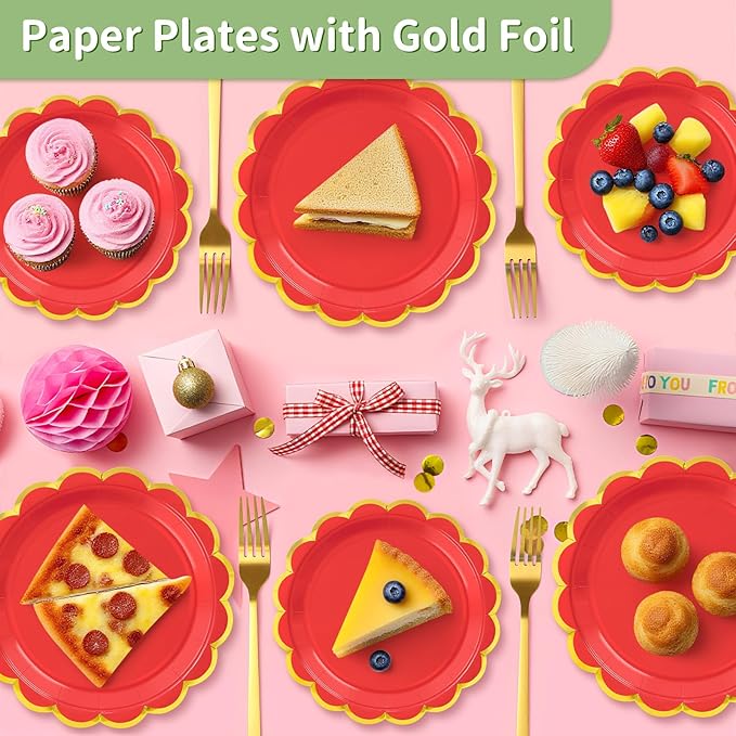 50 Pcs Red Paper Plates, 25 Pcs 9" and 25 Pcs 7" Disposable Christmas New Years Scalloped Plates with Gold Foil for Graduation Wedding Baby Shower Birthday Party Picnic BBQ